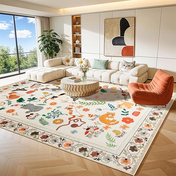 LIANLAM 8x10 Cat Lover's Area Rug, Washable Large Rug with Artistic Feline Design for Living Room & Bedroom, Pet Friendly Non-Slip Soft Carpet, Stain Resistant & Easy Clean(8x10,Beige)
