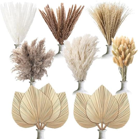 202 Pcs Boho Dried Pampas Grass Decor Bulk, Large Dried Palm Spears Bunny Tails Pampas Reed Grass Dried Palm Leaves Dried Flower Bouquet Boho Centerpieces for Wedding Home Tables Decor