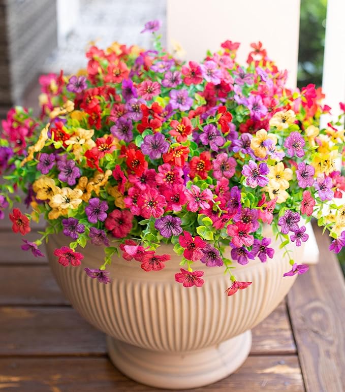 HyeFlora Artificial Flowers for Outdoor Indoor Garden Home Decoration, Faux Flower Daisy with Eucalyptus Leaves Fake Plants Greenery Boxwood Porch Patio, 12 Bundles (Mix Pink Red Purple Yellow)
