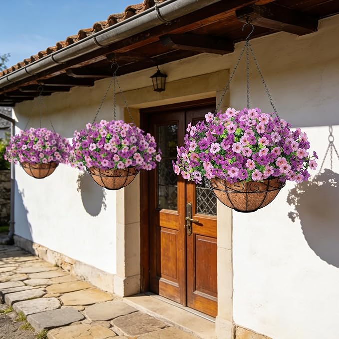 Artificial Fake Hanging Flowers Plants Basket Outdoors, Faux Silk UV Resistant Look Real Daisy Eucalyptus for Spring Summer Garden Porch Home Patio Balcony Yard Decorations, Pink Purple