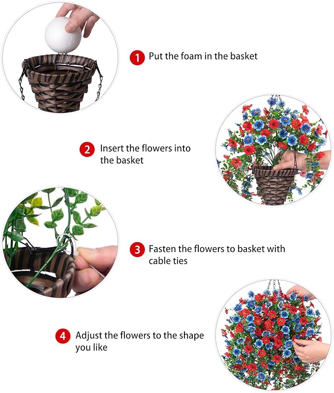 HyeFlora Artificial Hanging Flowers Basket for Outdoor, Fake Flowers Faux Plants Look Real for Yard Gardens Porch Patio Home (Blue+Red)