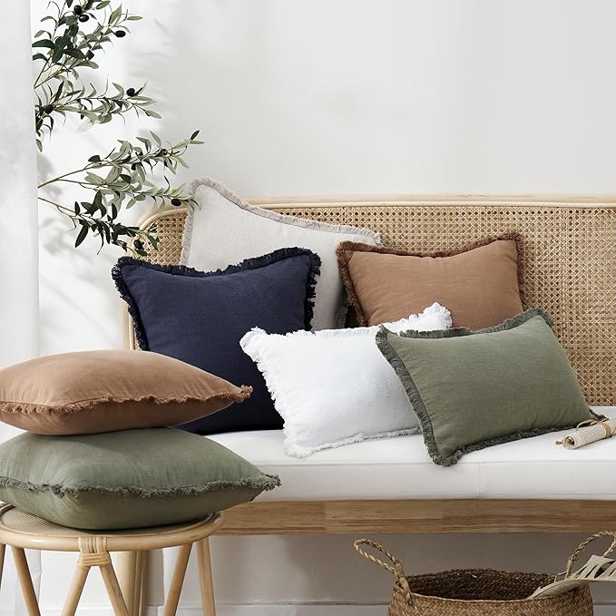 Foindtower Set of 2 Decorative Linen Fringe Throw Pillow Covers Boho Farmhouse Cushion Cover with Tassels Accent Pillowcase for Couch Bed Sofa Living Room Home Bedroom Decor, 12×24 Inch, Olive Green