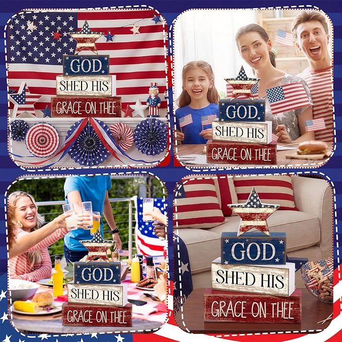 CroBlissful 4 Pcs 4th of July Decorations Patriotic Memorial Day Tabletop Decoration Red White Blue Table Centerpieces Sign for Office Tiered Tray Home Shelf 250th Anniversary(God Star)