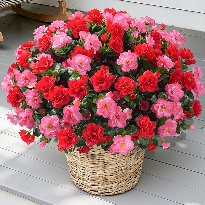 Artificial Faux Outdoor Flowers Plants for Spring Summer Decoration, Fake Silk Camellia UV Resistant Look Real for Planter Outside Front Door Porch Patio Balcony, 3 Large Bundles (Melon Red+Red)