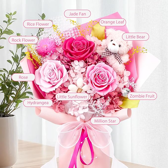 Flowers for Delivery, Preserved Flowers Bouquet, Pink Rose Bear Forever Flower Bouquet with Gift Box, Mothers Day Gifts for Mom, Birthday & Valentines Day Gifts for Women, Wife, Her, Grandma