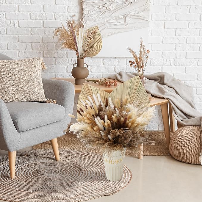 202 Pcs Boho Dried Pampas Grass Decor Bulk, Large Dried Palm Spears Bunny Tails Pampas Reed Grass Dried Palm Leaves Dried Flower Bouquet Boho Centerpieces for Wedding Home Tables Decor