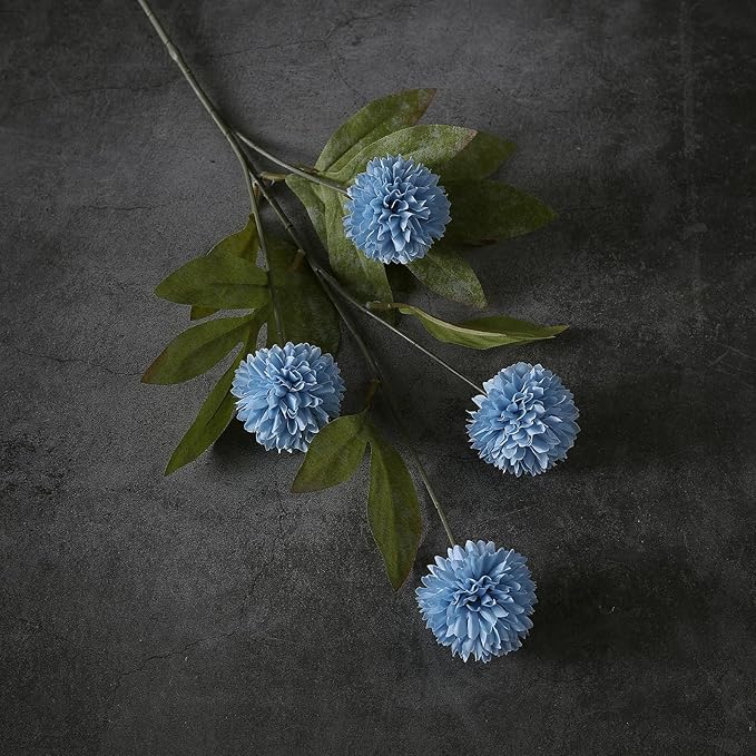 VIERENA 12 Pcs Faux Silk Pompon Mum Artificial Flowers for Vase -27", Bulk Fake Chrysanth Branches with Stems for DIY Bouquet Centerpieces Wedding Fillers Arrangements Shower Decorations (Dusty Blue)