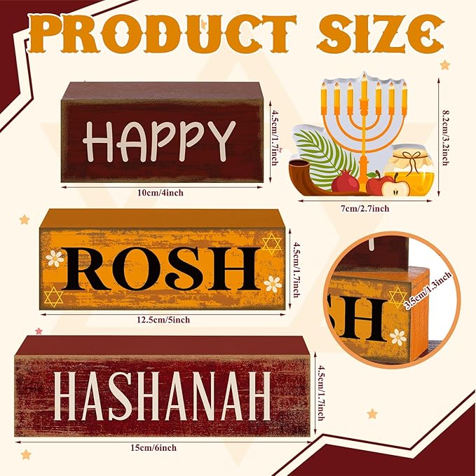 4 Pcs Rosh Hashanah Tables Decorations Happy Rosh Hashanah Wooden Tabletop Jewish New Year Party Decorations Rustic Block Centerpieces Sign for Gift Crafts Home Desk Shelf Shana Supplies