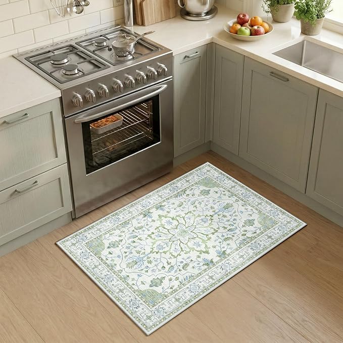 RELEANY Area Rugs 2'6''x4' Kitchen Rugs Entry Rug Small Rugs for Entryway Kitchen Bathroom Door Mat Indoor Entrance,Washable Non Slip, Green White Blue