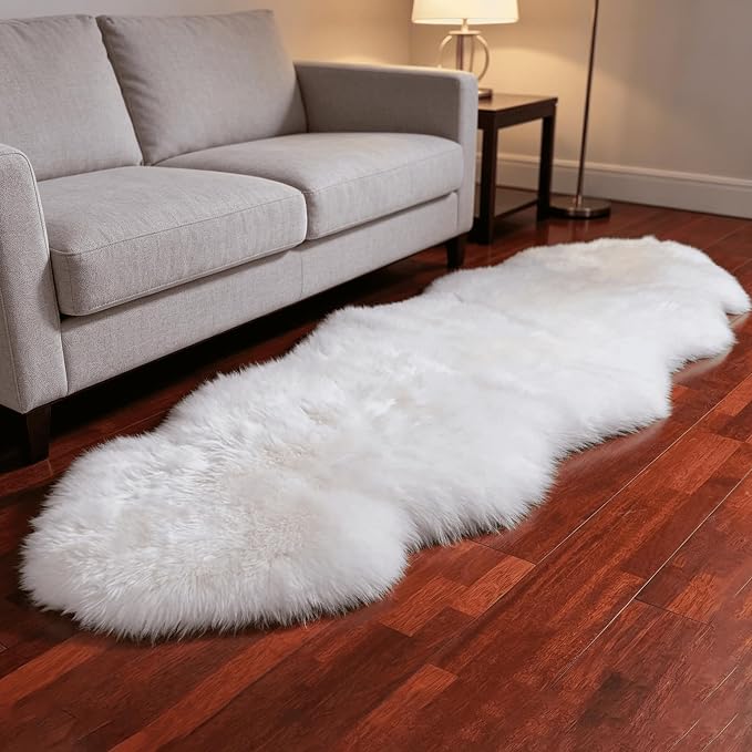 Premium Genuine Sheepskin Rug, Fuzzy Fluffy Shaggy Fur Wool Area Carpet for Soft Fur Pray Pup Mat,Bedroom,Living Room,Chair Sofa Seat Cover,Ivory White, 2' x 6'