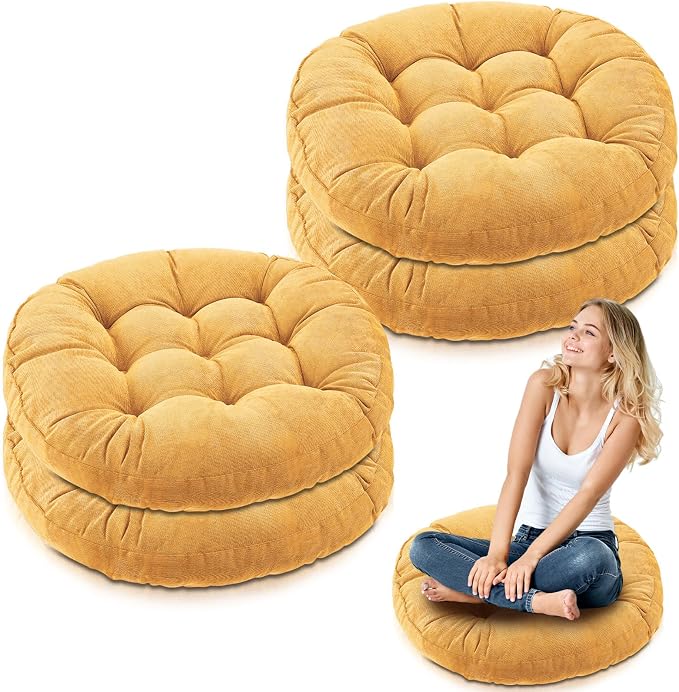 Jerify 4 Pcs Floor Pillow Cushions Large Round Square Large Meditation Floor Pillow for Classroom Adult Meditation Picnic Party Seating Learning Daycare School (Round,Yellow)