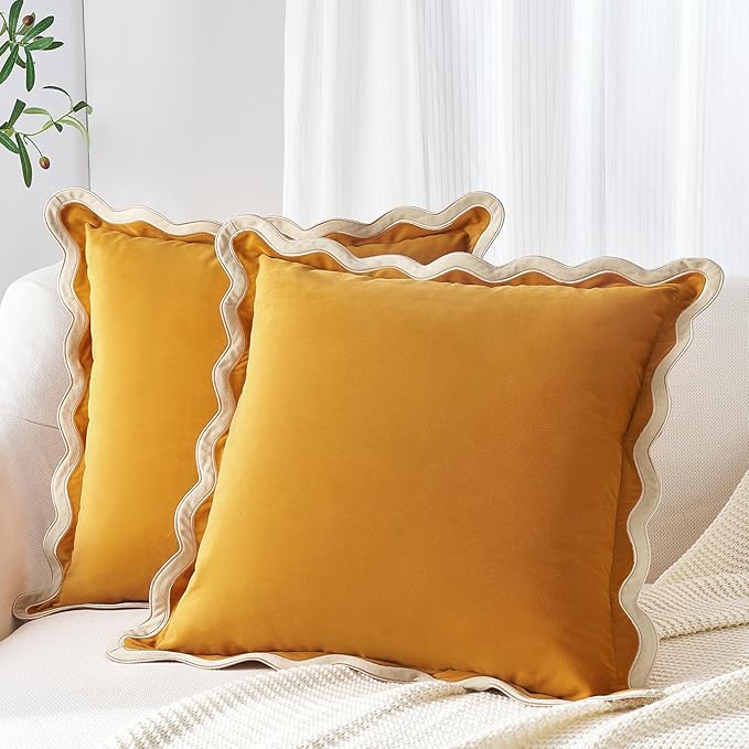 MONDAY MOOSE Decorative Throw Pillow Covers Cushion Cases, Set of 2 Soft Velvet Scalloped Wavy Edge Designs, Mix and Match for Home Decor, Pillow Inserts Not Included (18x18 inch, Cream/Honey)