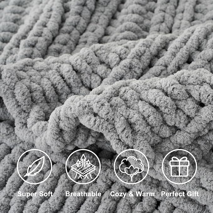 Battilo Chunky Knit Throw Blanket for Couch, 50"x60", Light Grey | Hand Knit with Chunky Yarn, Gift Blanket, Cozy Warm Thick Soft Chenille Throw Blanket for Bed, Sofa, Living Room