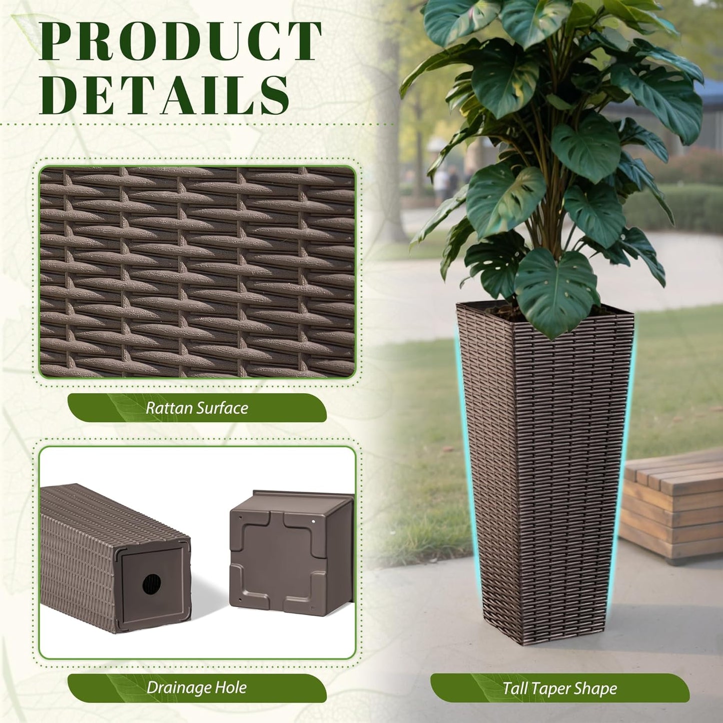 JUMMICO Set of 2 Resin Rattan Tall Planters for Outdoor Plants, Large Tapered Planters with Drainage Holes&Inner Trays, Flower Pots for Garden, Patio, Porch, Backyard (Brown, 24'')