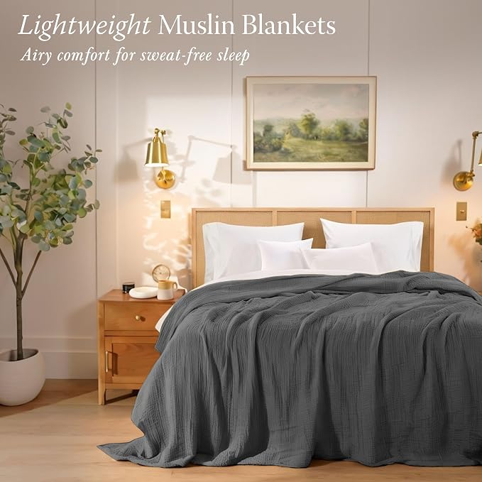 Threadmill Muslin King Blanket | Lightweight Blankets for Bed or Couch | 4 Layer 100% Cotton Gauze Blanket | Pre Washed, Soft, Breathable, and Cozy for All Seasons | Fits Cal King Size Bed | Dark Grey