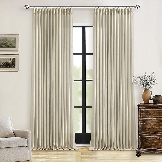 TWODRAPES Linen Flax Curtains Pinch Pleated Linen Curtains 2 Panels Living Room Bedroom Memory Training Semi Sheer Pinch Pleat Farmhouse Beige Drapes Back Tab Light Filtering Window Curtain 40x102