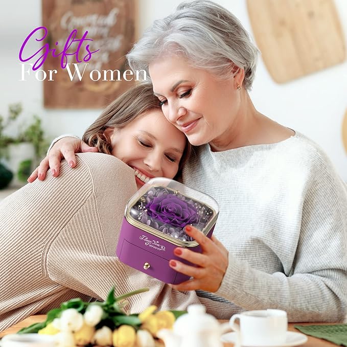 Preserved Real Purple Rose with Angle Wings Necklace, Forever Flowers Gifts for Mom Grandma Wife Girlfriend at Valentines Mothers Day, Anniversary Birthday Gifts for Women, I Love You Gifts for Her