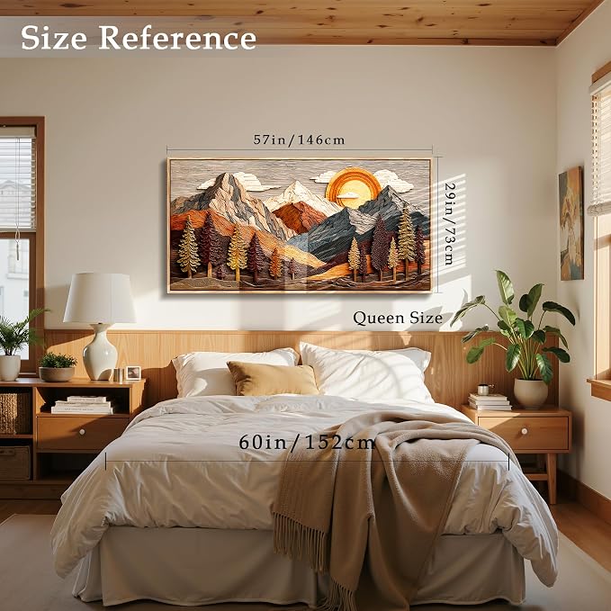 imjiayu Extra Large Wall Art, Mountain Wall Art, Boho Wall Decor, Neutral Landscape Art Prints, Sun Pine Tree Framed Artwork, Modern Paintings Wall Decor Living Room Dining Room Office Hotel 29"x57"