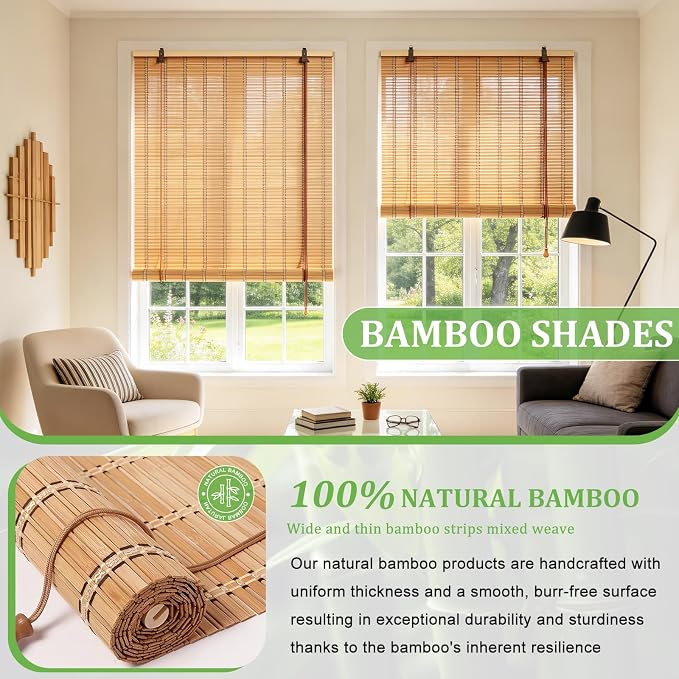 Bamboo Blinds 23x48 inch Bamboo Roman Shades for Indoor Windows Outdoor Patio,Light Filtering Sunshade Roll Up Window Shades,Easy to Install