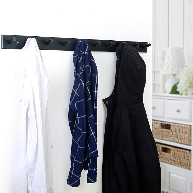 WEBI Coat Rack Wall Mounted,10 Hooks,38" Long Coat Hanger Wall Mount,Bamboo Peg Rail Hat Hooks for Hanging Caps,Jacket,Clothes,Coats,Black,2 Packs