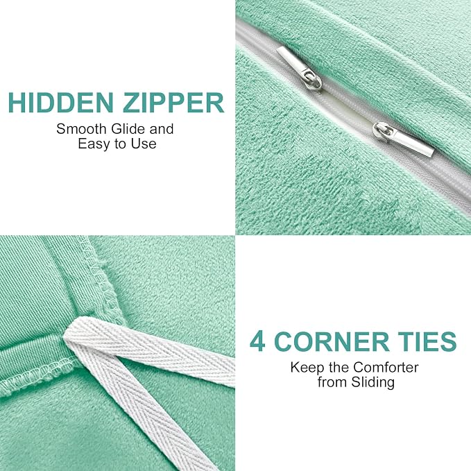 Fluffy Plush Duvet Cover Set Queen Size, Luxury Ultra Soft Velvet Fuzzy Comforter Cover Bed Sets 4Pcs(1 Faux Fur Duvet Cover + 2 Pillow Cases + 1 Pillow Cover) Zipper Closure (Queen, Aqua Green)