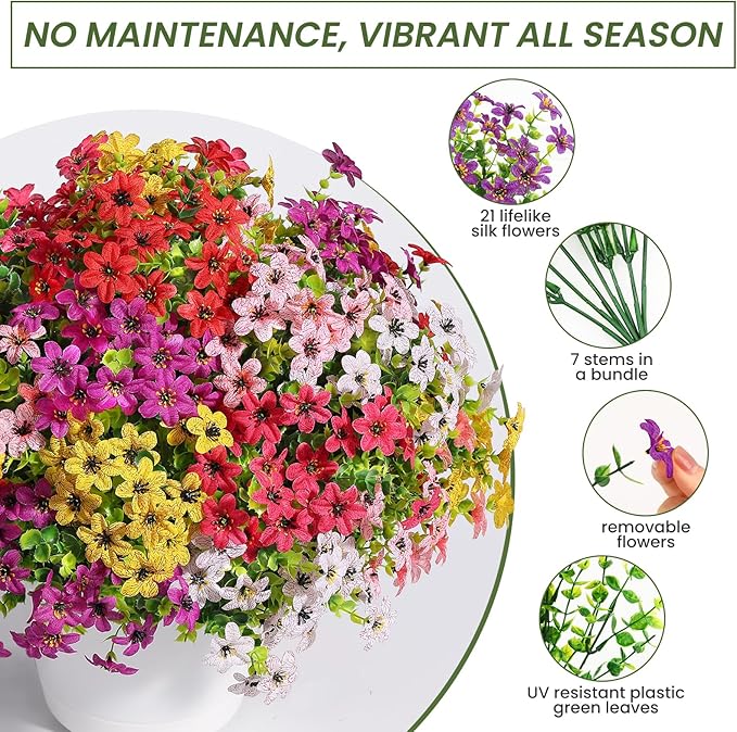 SHareconn 24 Bundles Artificial Flowers for Outdoors Spring Decoration, Fake Silk Realistic Faux Plants UV Resistant No Fade for Home Planter Porch Patio Summer Indoor Outside Decor, Mix 6 Colors