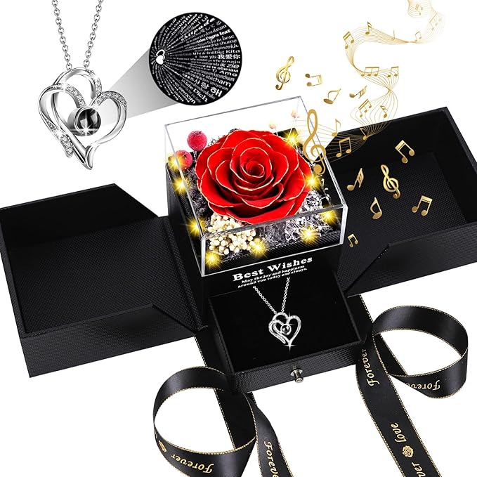 Pasuvsigt Mothers Day Mom Birthday Gifts for Women, Preserved Real Rose with I Love You Heart 100-Language Necklace, LED Lights & Music Box, Anniversary for Women Girlfriend Mom