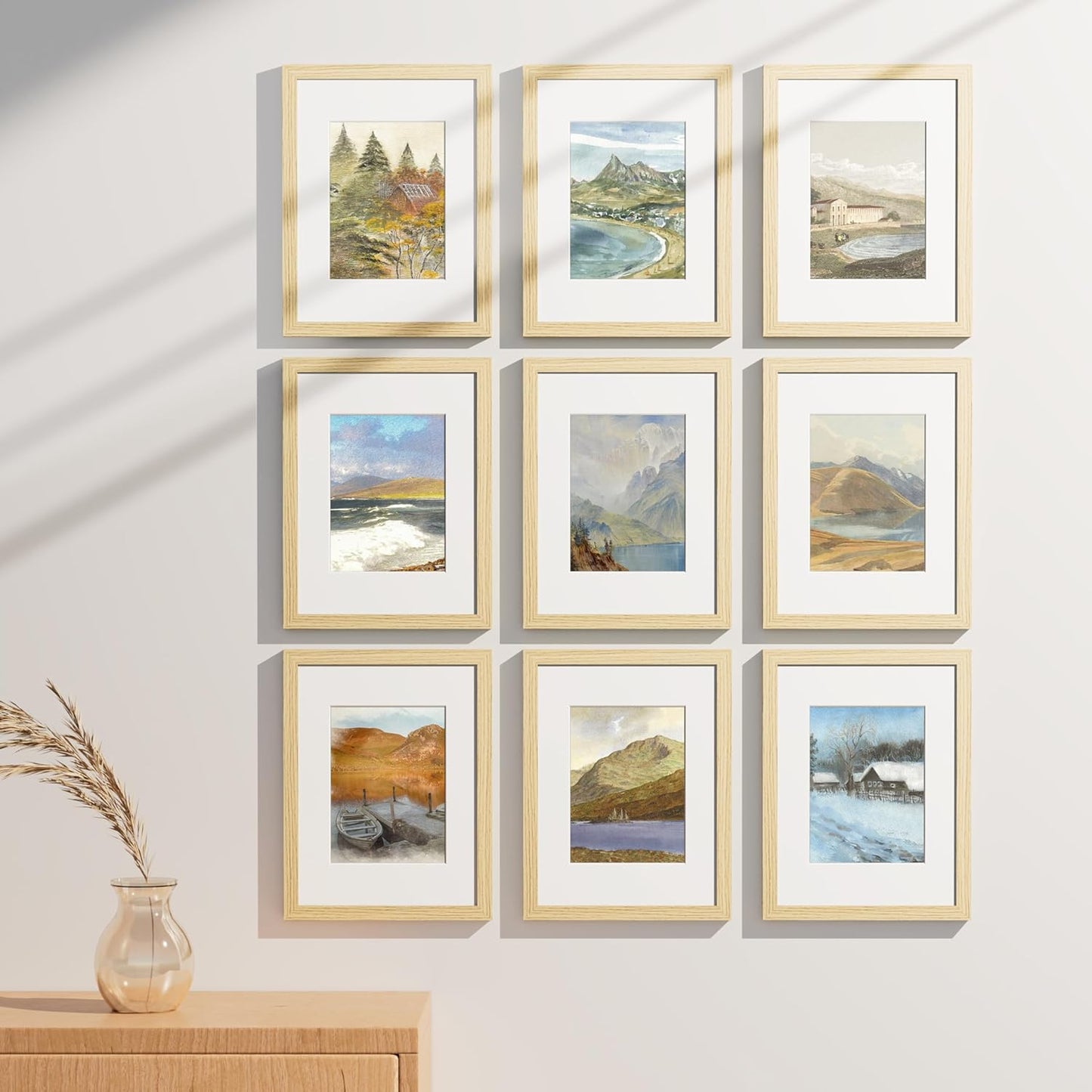 Vittanly 9x12 Picture Frames Set of 9, Shatter Resistant Plexiglass, Display 6x8 Pictures with Mat or 9x12 without Mat, Photo Frames for Wall or Tabletop, Engineered Wood, OAK