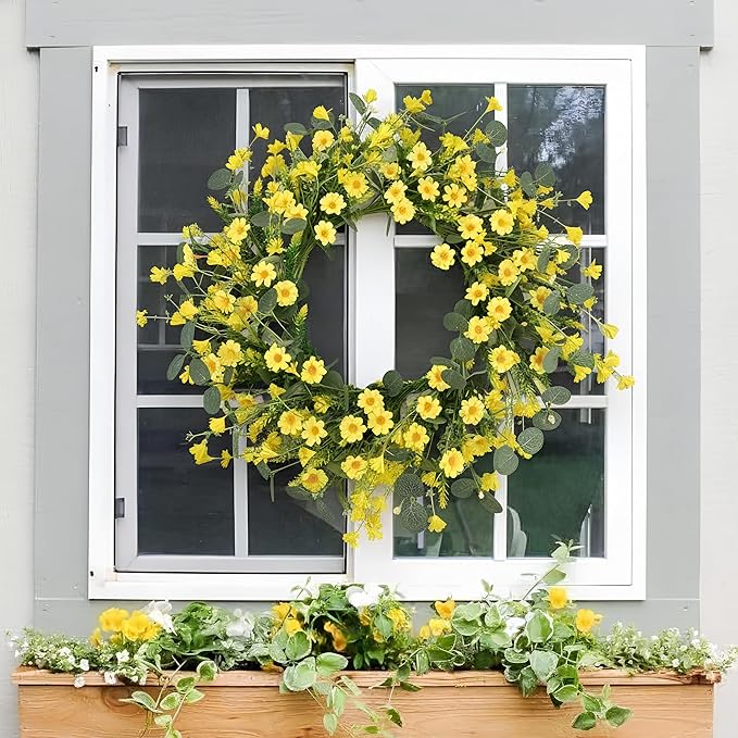 Pinkpum 22 Inch Yelllow Daisy Eucalyptus Wreath, Artificial Spring Summer Floral Wreath for Front Door, Farmhouse Wedding Wall Window Decor