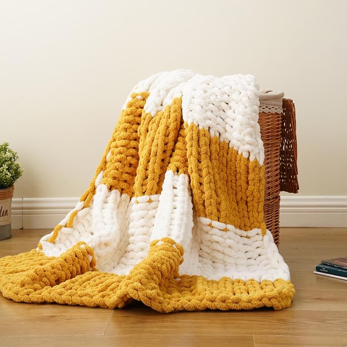 Battilo Mustard Yellow Chunky Knit Throw Blanket, Soft and Thick Chenille Throw Blanket, 50"x60" Handmade Cable Knit Crochet Blanket, Knot Knitted Throw Blankets for Couch Home Decor, Yellow & White