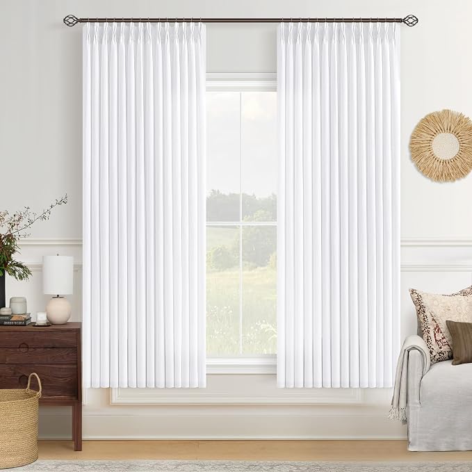 White Pinch Pleated Curtains 63 Inch Length for Living Dining Room Kitchen Linen Blend Light Filtering Pinch Pleat Semi Sheer Drapes Back Tab 2 Panels Set Snow White Bedroom Window Curtains 40x63