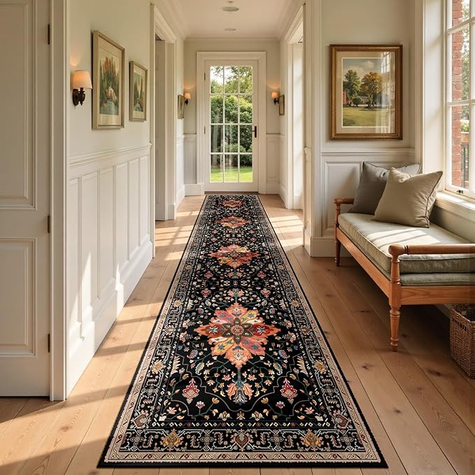 RELEANY Area Rugs 2'x9' Runner Rug Non Slip Washable for Kitchen Hallway Bedroom Beside Laundry Room Bathroom Rug, Floor Carpet, Black Colorful Floral Dark Tan