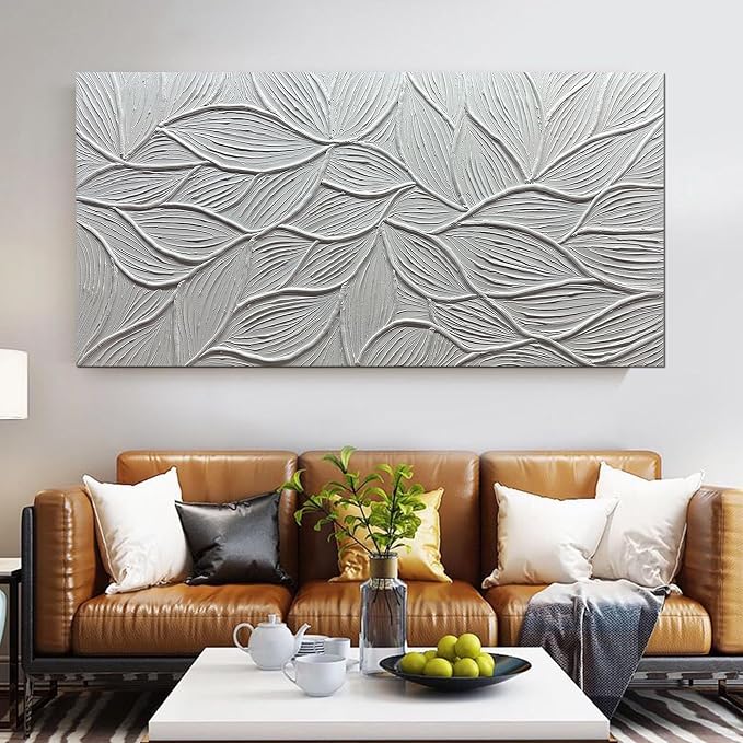 Art8YuQi Paintings - Contemporary Abstract Art leaf Oil Painting On Canvas Texture 3D White Painting Plantain Handmade Artwork Picture Canvas Wall Art Modern Home Decor living room Ready to Hang (24X48 inch)