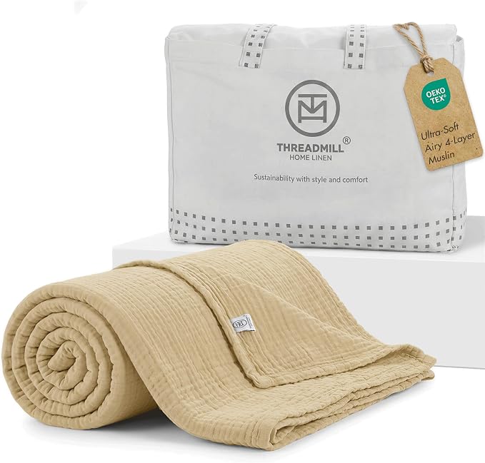 Threadmill Summer Muslin Twin Blanket | 4-Layer Gauze for Couch or Bed | Pre Washed Cozy All-Season Lightweight Blanket | 100% Cotton Ideal for Bed or Picnic Blanket | Beige Throw Blanket