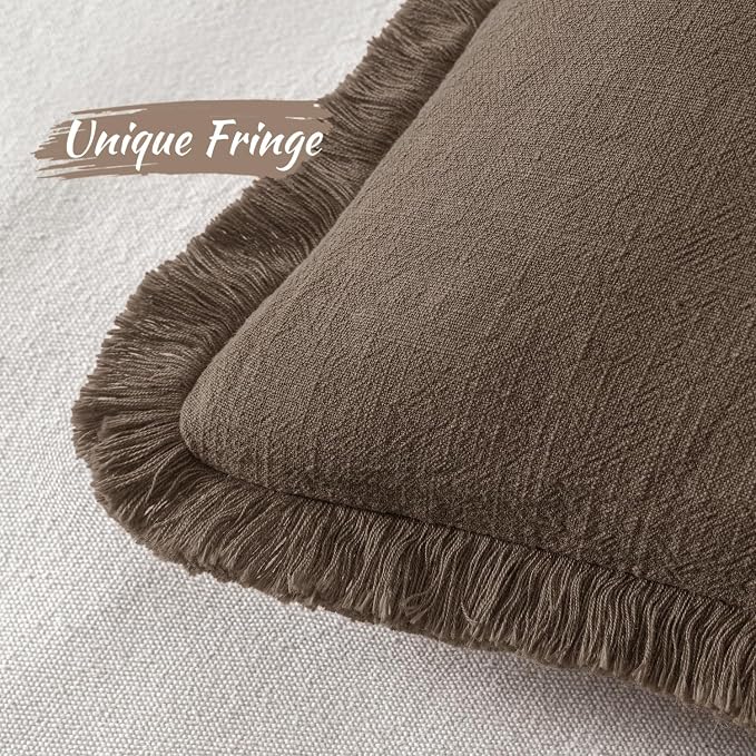 MIULEE Decorative Throw Pillow Covers Neutral Linen Fringe Throw Pillows Set of 2 Chocolate Brown Boho Farmhouse Cushion Covers with Tassels for Couch Sofa Bed Living Room Fall Decor 20x20 Inch