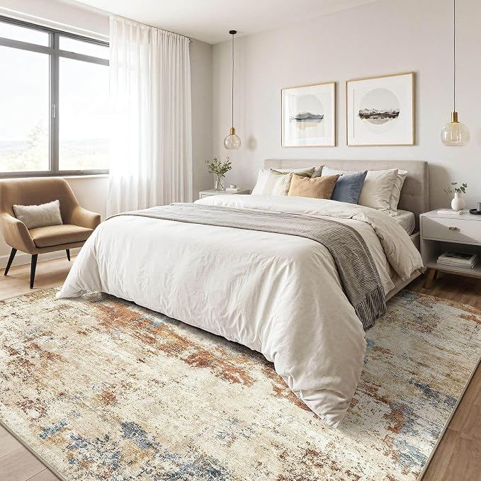 7x10 Area Rug Washable Rug: Large Abstract Modern Soft Stain Resistant Indoor Floor Non-Slip Accent Carpet for Living Room Bedroom Nursery Playroom Dining Room Office Dorm Home House- Blue Orange