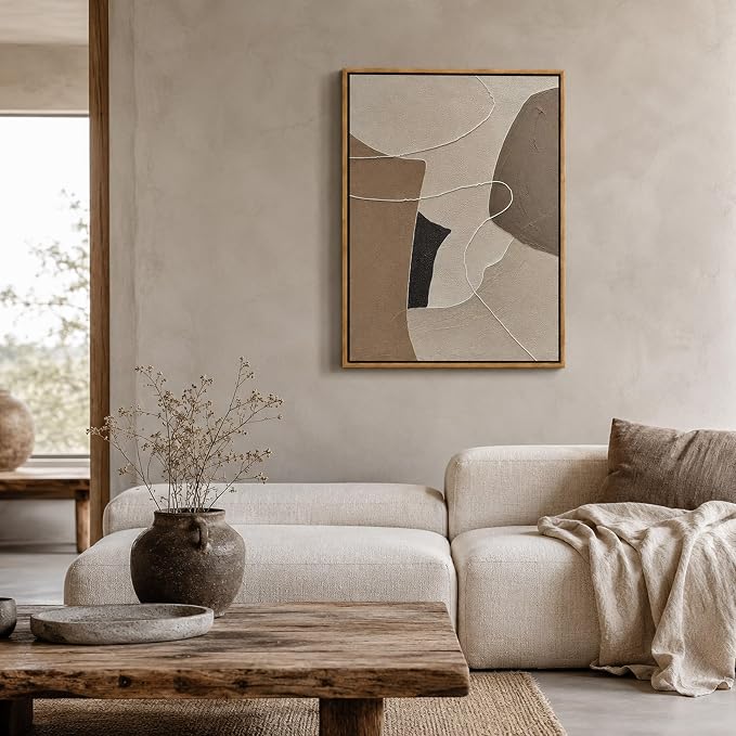 Kabcod Large Beige Brown Abstract Wall Art 3D Textured Oil Painting, Neutral Large Abstract Geometric Picture Wall Decor Framed Artwork Boho Entrance Home Decor Ready to Hang (16" W x 24" L)