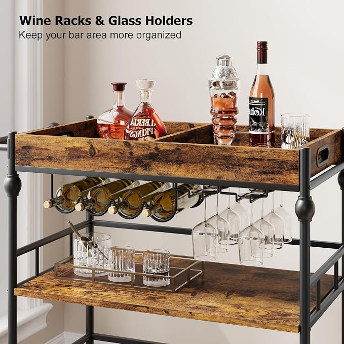 IDEALHOUSE Bar Cart, Bar Carts for The Home, 3 Tier Bar Cart with Wheels, Portable Home Bar & Serving Carts, Rolling Cart with Wine Rack and Removable Tray for Living Room, Kitchen, Dining Room