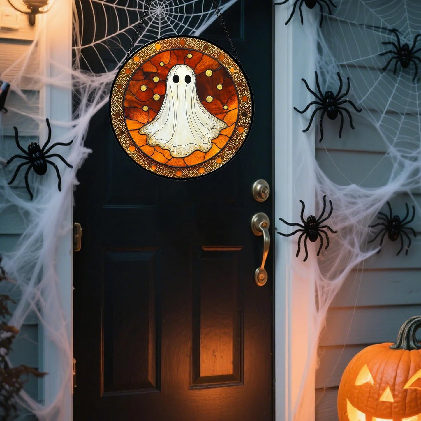 Stained Glass Window Hanging - Halloween Decorations White Ghost Suncatcher for Doors Garden Indoor Spooky Funny Orange Sun Catchers Gothic Decor Horror Gifts for Women Men Friend 11.8 in