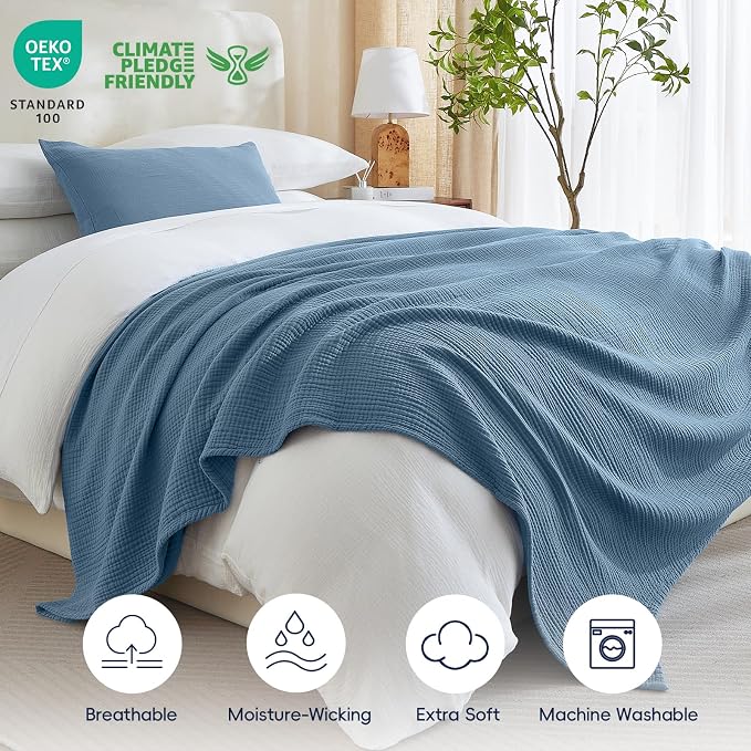 PHF 100% Cotton Muslin Blanket Queen Size 90"x90", 4-Layer Lightweight Gauze Throw, Breathable Cloud-Soft Minimalist Blanket for Bed, Couch, Camping & Baby, Denim Blue, Ideal Gift