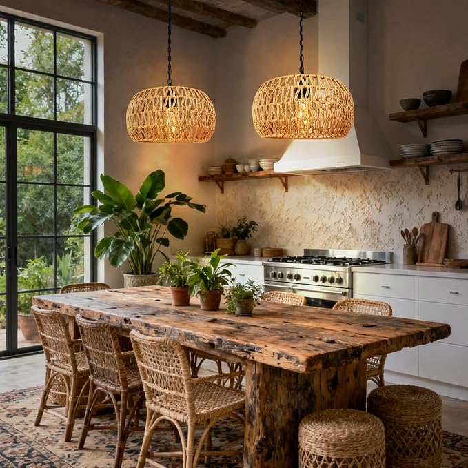 11.8" Rattan Pendant Light, 1-Light Boho Rattan Chandelier Light Fixture, Small Hand Woven Pendant Lighting for Kitchen Island, Living Room, Bedroom, Hallway, Foyer