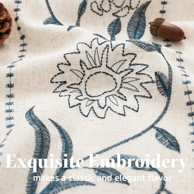 jinchan Winslow Linen Kitchen Curtains 36 Inch Length Small Window Curtains Embroidered Bordered Floral Drapes Light Filtering for Bathroom Laundry Room Farmhouse Decor Blue on Beige 2 Panels