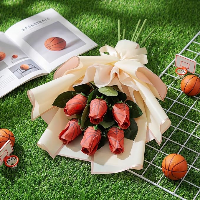 Suhine 6 Pcs Artificial Basketball Rose Flowers Sports Party Favors Bulk for Birthday Graduation Wedding Party Decoration Table Centerpieces Mom Team Coach Senior Night Gift(Basketball Color, Normal)