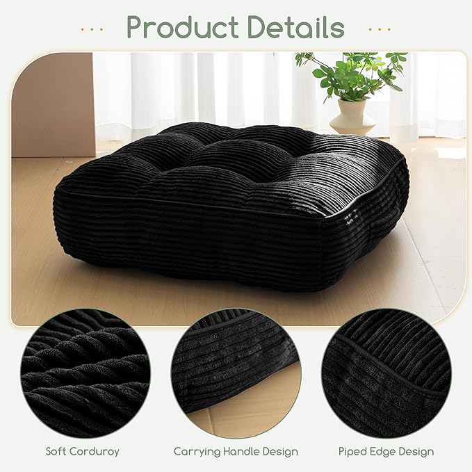 HIGOGOGO 6" Extra Thick Floor Pillow Cushion for Adults, Meditation Cushion Pillow, Large Square Floor Sitting, Tufted Corduroy Cover, for Tatami Living Room or Yoga, 22x22 Inch, 2Pack, Black