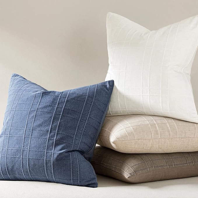 MIULEE Decorative Linen Check Euro Shams Throw Pillow Covers Neutral Farmhouse Vintage Pillow Covers 28x28 Set of 2 Boho Modern Home Decor for Sofa Couch Bedroom Cushion Blue