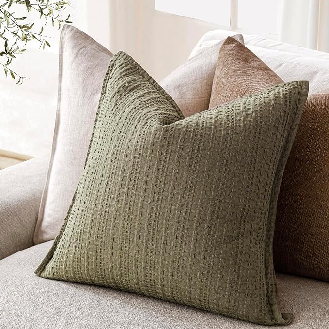 Foindtower Set of 2 Decorative Cotton Waffle Weave Throw Pillow Covers Euro Shams Cushion Covers Accent European Pillowcase for Bed Couch Sofa Bedroom Living Room Home Decor 24×24 Inch Olive Green