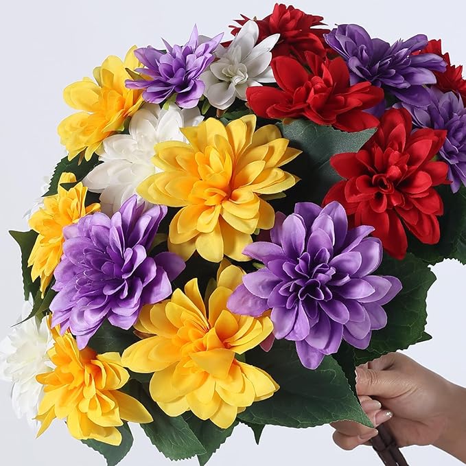 VIERENA 16 Bundles Artificial Dahlia Flowers for Outdoors Spring Summer Decor, No Fade Silk Flower Faux Dahlias Plant Arrangement for Home Garden Balcony Farmhouse（Mixed Color）