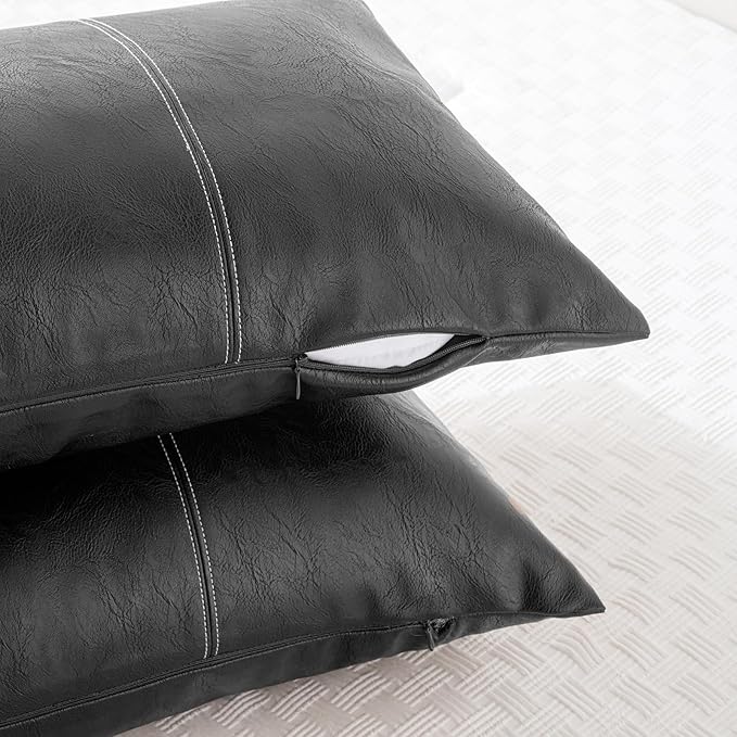 Fancy Homi Black Boho Long Lumbar Faux Leather Decorative Throw Pillow Covers 21x54 Inch for Living Room Couch Bed Sofa, Hand Stitched Rectangle Cushion Case, Rustic Modern Farmhouse Home Decor