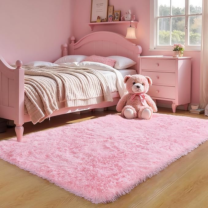 KCHOWUA Pink Fluffy Shag Rug for Bedroom Girls,6'x9' Machine Washable Plush Fuzzy Throw Large Area Rugs for Living Room,Modern Soft Cute Shaggy Furry Nursery Kids Baby Dorm Room Carpets