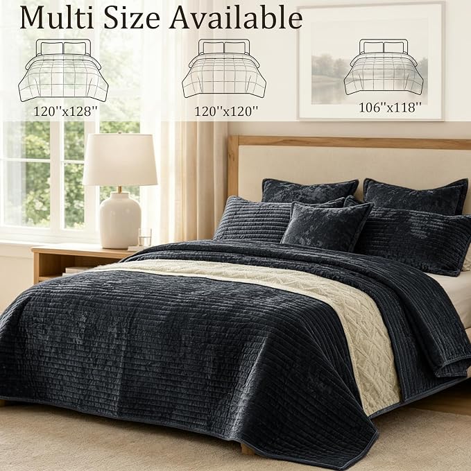 Luxury Velvet Oversized King 120x128 in Quilt Set 3 Piece Quilted Bedspread with 2Pillow Shams(20x36) Ultra Soft Coverlet All Season Bedding for Farmhouse Modern Bedroom Sofa,Grey Blue